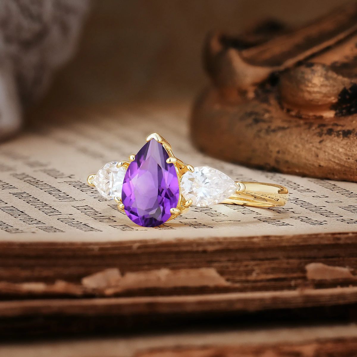 Classic, Luxurious 5-Prong Pear Cut Amethyst Three-Stone Engagement Ring
