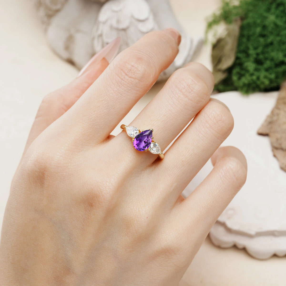 Pear Cut Amethyst Classic, Luxurious 5-Prong Three-Stone Engagement Ring