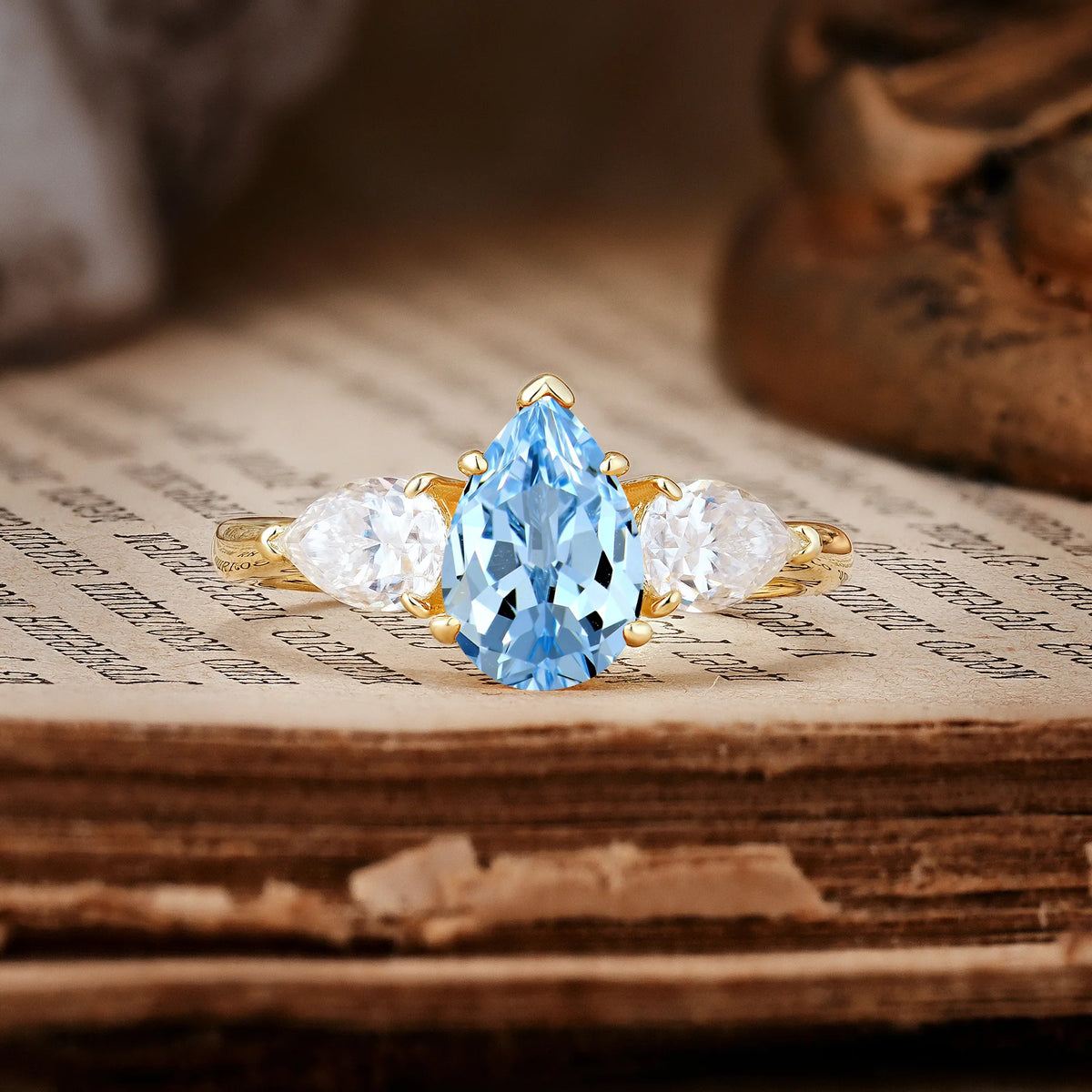Classic, Luxurious 5-Prong Pear Cut Aquamarine Three-Stone Engagement Ring