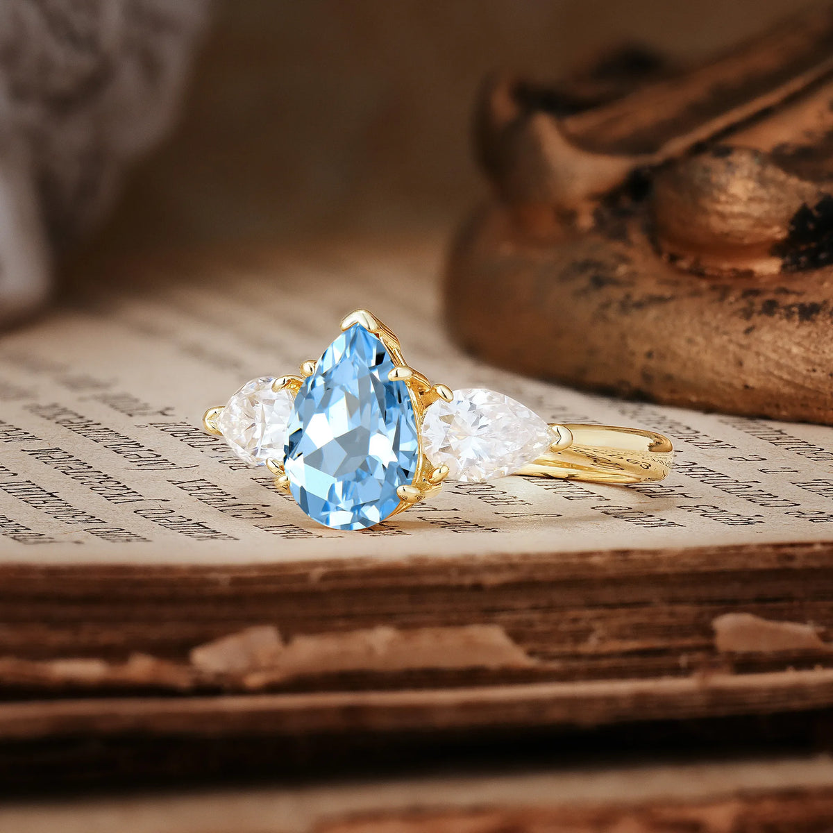 Classic, Luxurious 5-Prong Pear Cut Aquamarine Three-Stone Engagement Ring