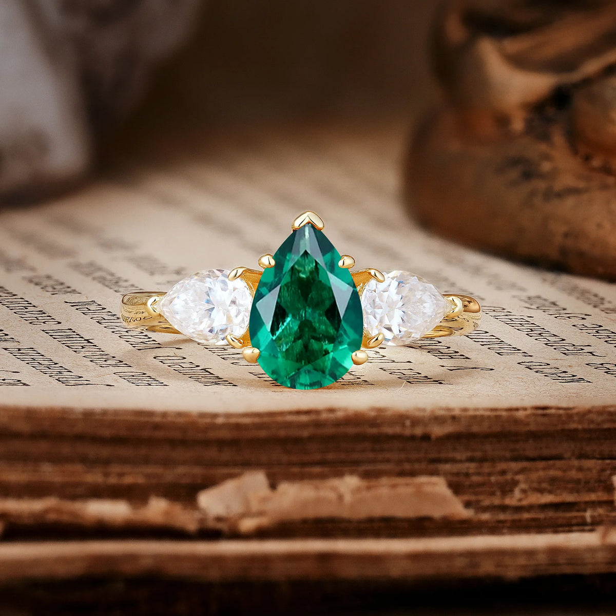 Classic, Luxurious 5-Prong Pear Cut Emerald Three-Stone Engagement Ring