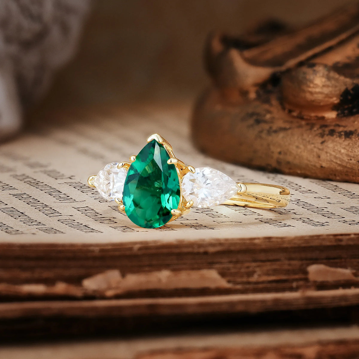 Classic, Luxurious 5-Prong Pear Cut Emerald Three-Stone Engagement Ring