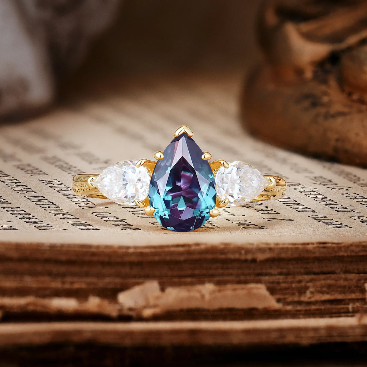 Classic, Luxurious 5-Prong Pear Cut Alexandrite Three-Stone Engagement Ring
