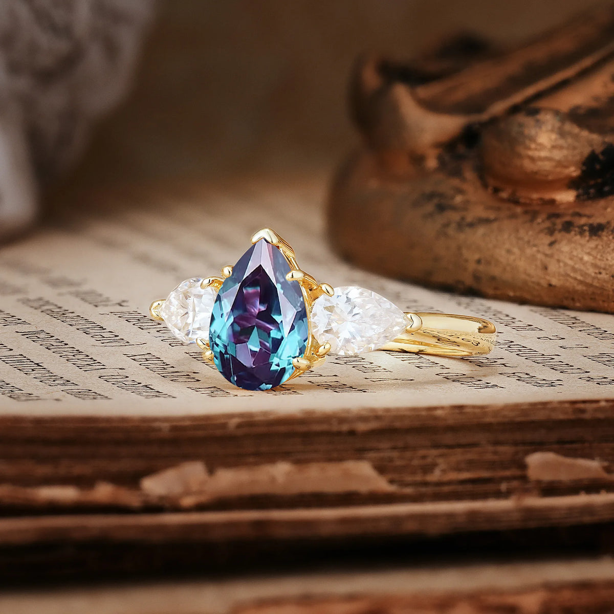 Classic, Luxurious 5-Prong Pear Cut Alexandrite Three-Stone Engagement Ring