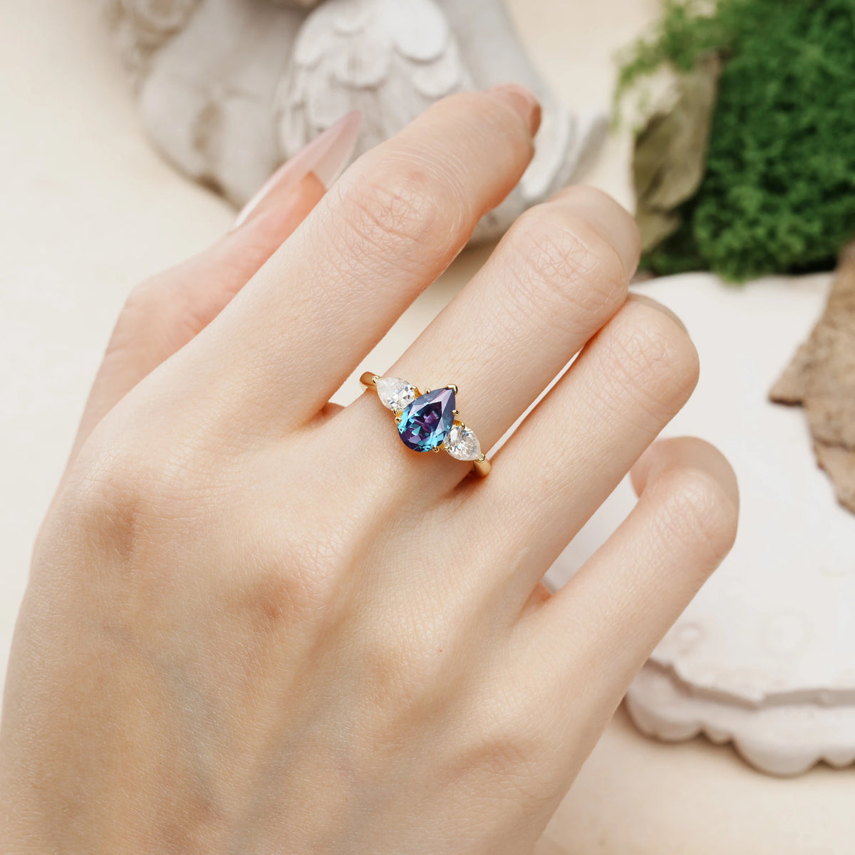 Pear Cut Alexandrite Classic, Luxurious 5-Prong Three-Stone Engagement Ring