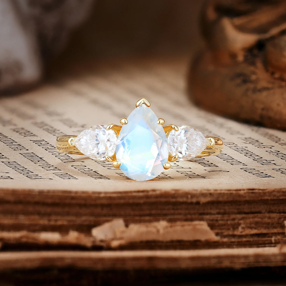 Classic, Luxurious 5-Prong Pear Cut Moonstone Three-Stone Engagement Ring