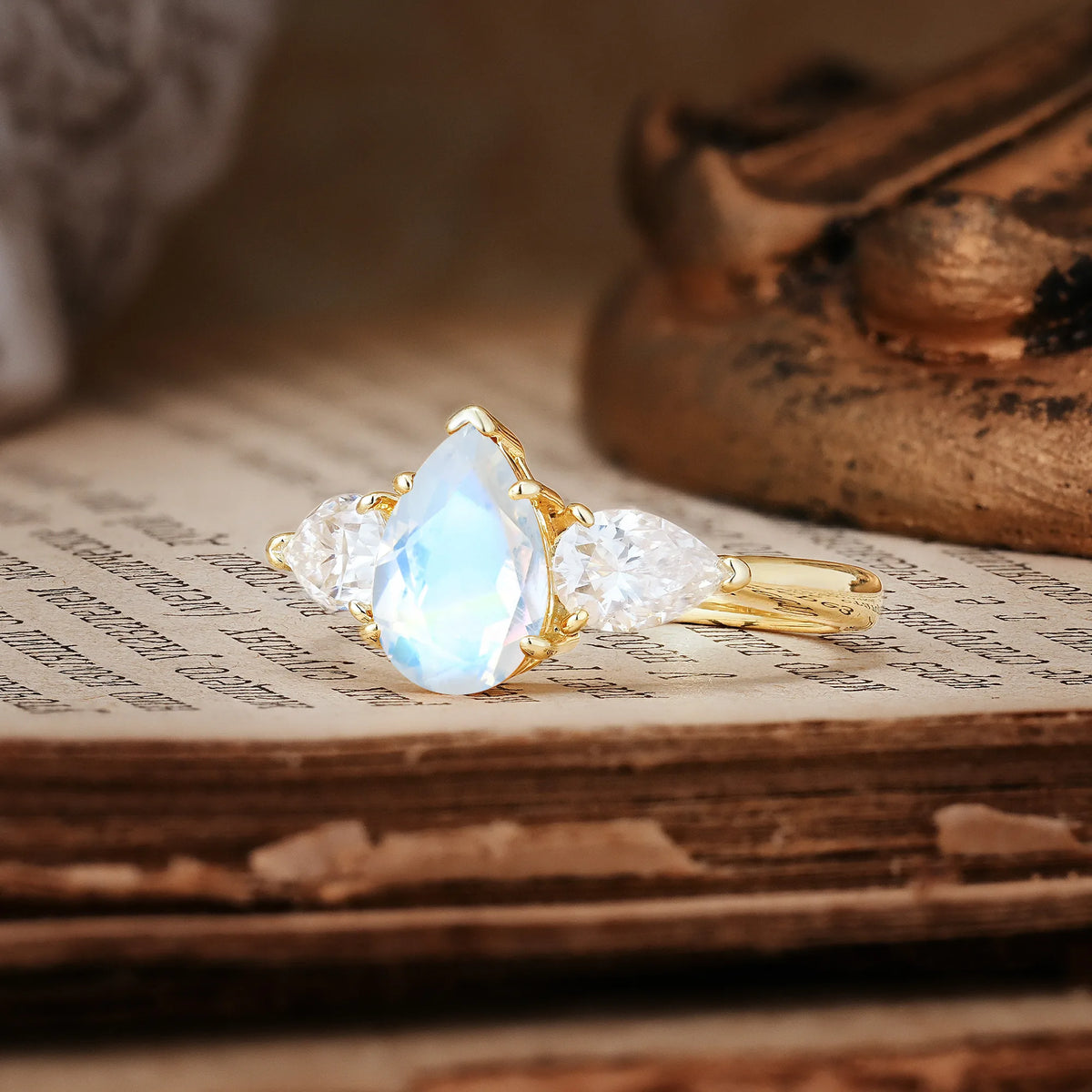 Classic, Luxurious 5-Prong Pear Cut Moonstone Three-Stone Engagement Ring