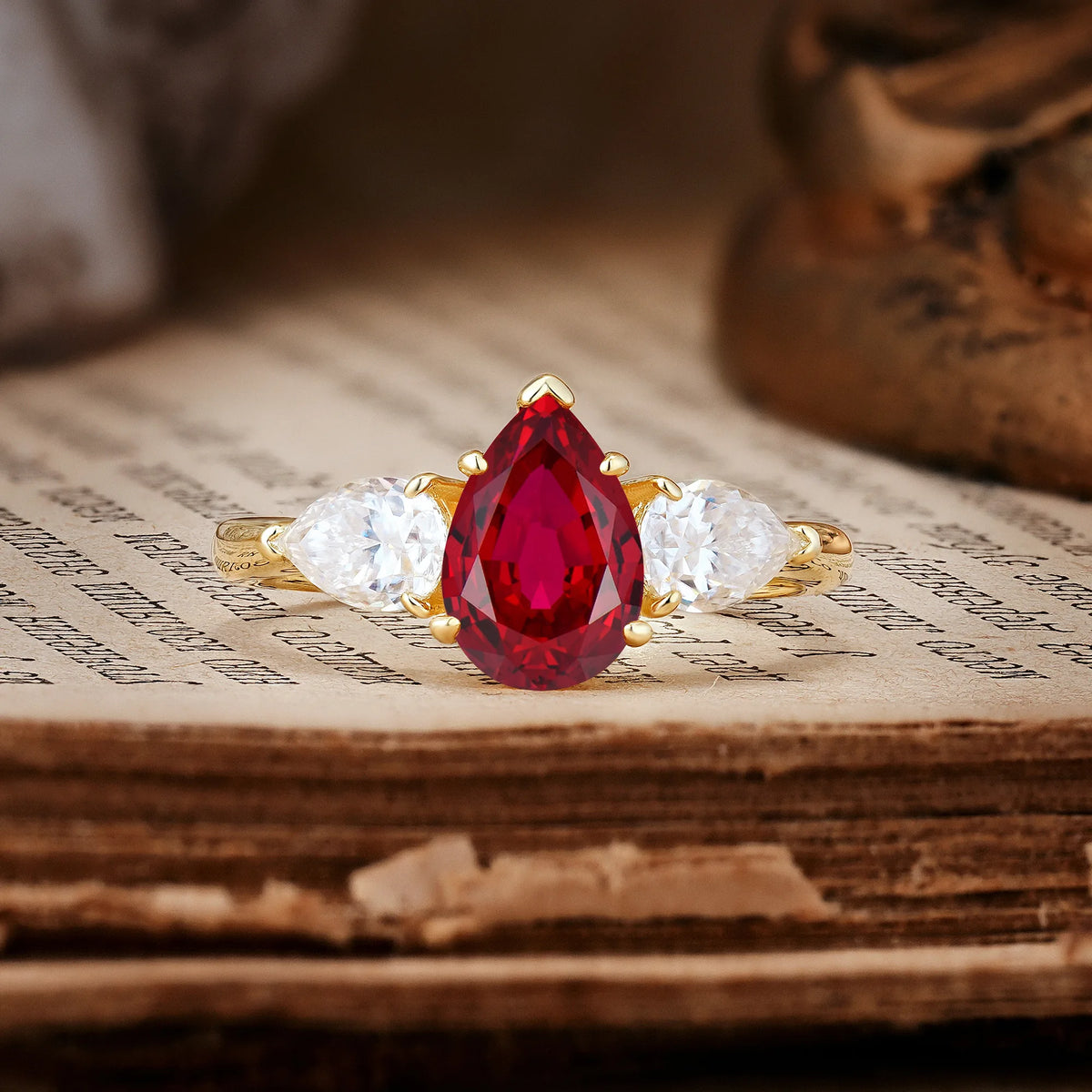 Classic, Luxurious 5-Prong Pear Cut Ruby Three-Stone Engagement Ring