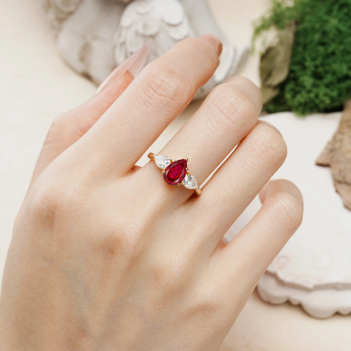 Pear Cut Ruby Classic, Luxurious 5-Prong Three-Stone Engagement Ring