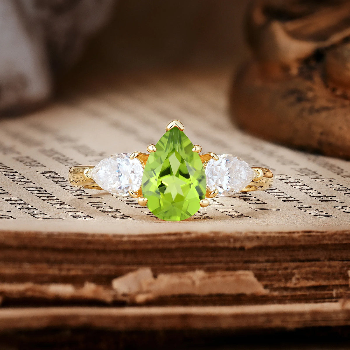 Classic, Luxurious 5-Prong Pear Cut Peridot Three-Stone Engagement Ring