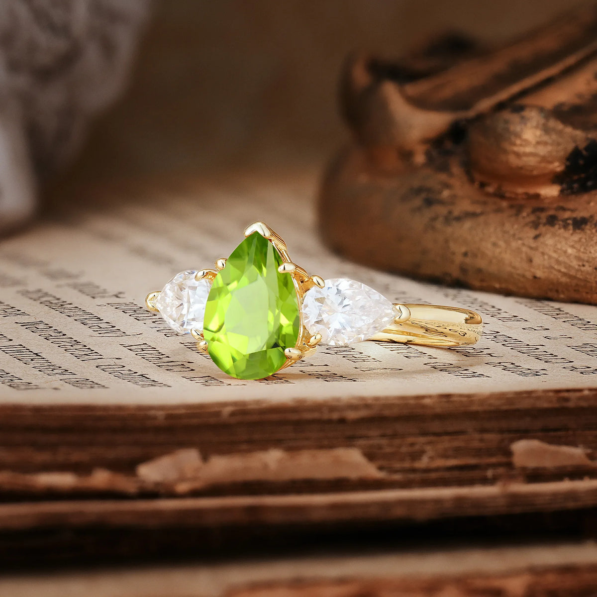 Classic, Luxurious 5-Prong Pear Cut Peridot Three-Stone Engagement Ring