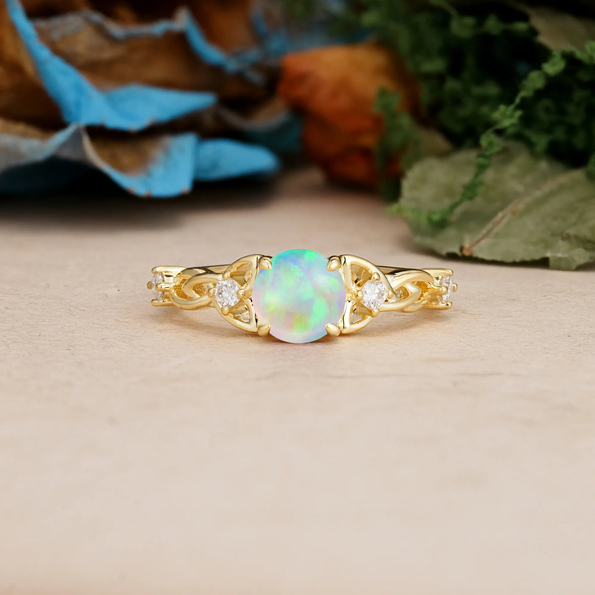 Round Cut Fire Opal Nature-Inspired Luxury Openwork 4-Prong Engagement Ring