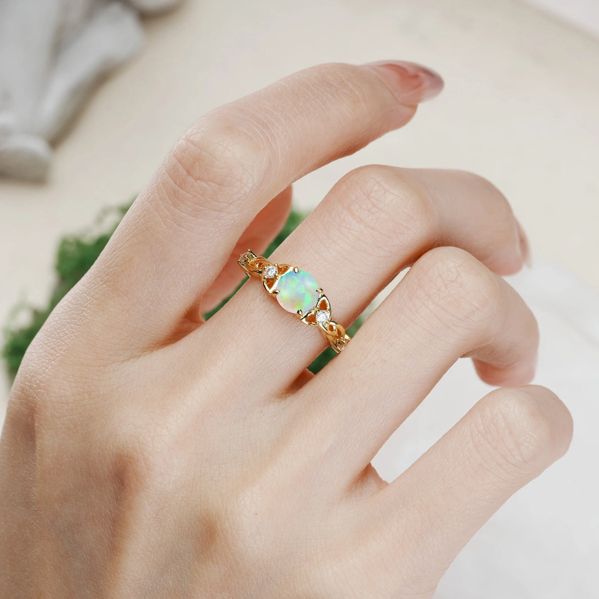 Round Cut Fire Opal Nature-Inspired Luxury Openwork 4-Prong Engagement Ring