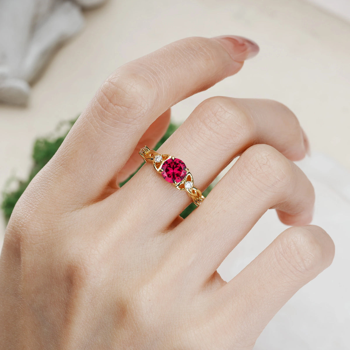 Round Cut Ruby Nature-Inspired Luxury Openwork 4-Prong Engagement Ring