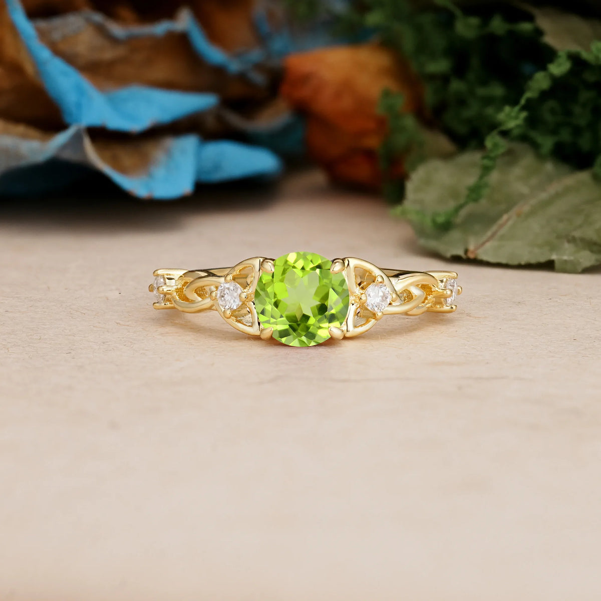 Round Cut Peridot Nature-Inspired Luxury Openwork 4-Prong Engagement Ring