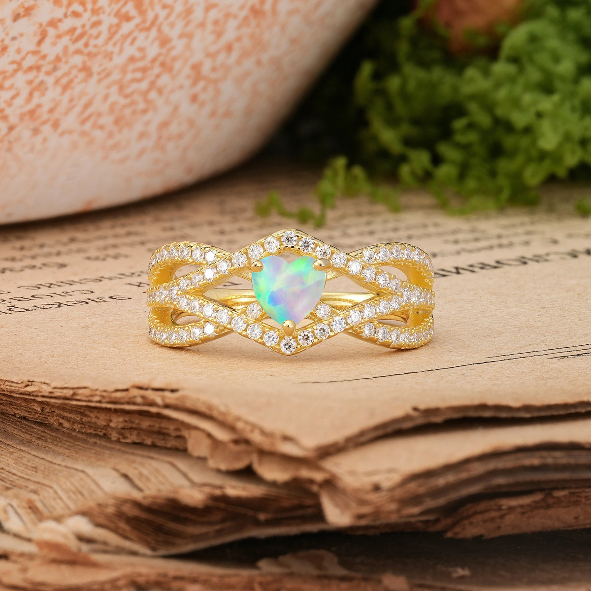 Heart-Cut Fire Opal Unique Pavé Setting Surrounding a 3-Prong Engagement Ring