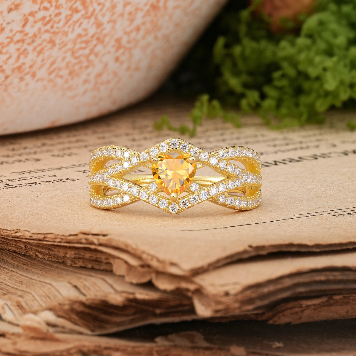 Heart-Cut Citrine Unique Pavé Setting Surrounding a 3-Prong Engagement Ring