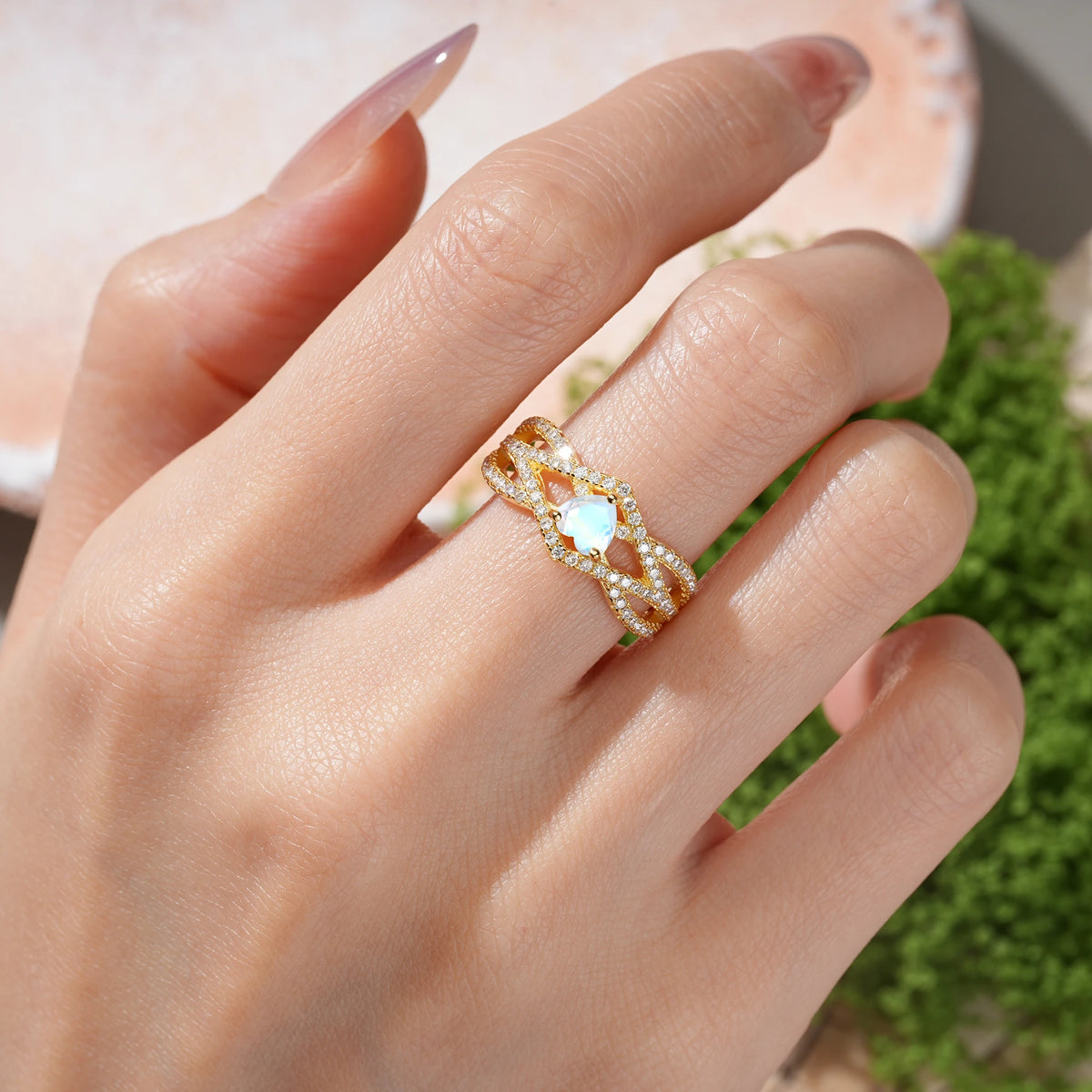 Heart-Cut Moonstone Unique Pavé Setting Surrounding a 3-Prong Engagement Ring