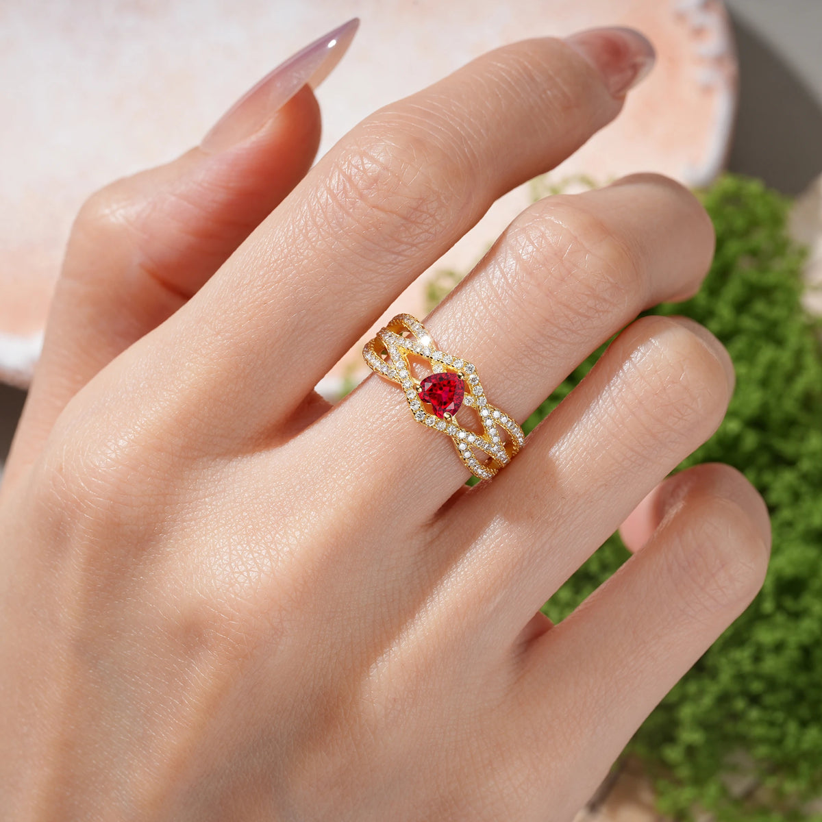Heart-Cut Ruby Unique Pavé Setting Surrounding a 3-Prong Engagement Ring