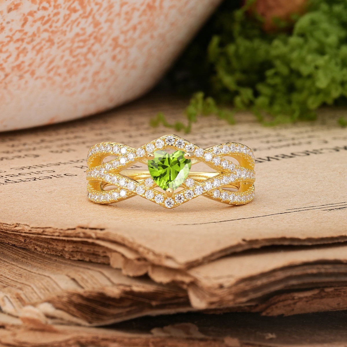 Heart-Cut Peridot Unique Pavé Setting Surrounding a 3-Prong Engagement Ring