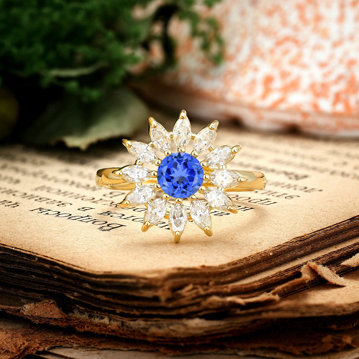 Luxurious Classic Flower-Shaped 12-Prong Round Cut Sapphire Engagement Ring