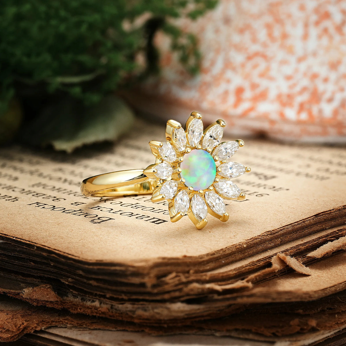 Luxurious Classic Flower-Shaped 12-Prong Round Cut Fire Opal Engagement Ring