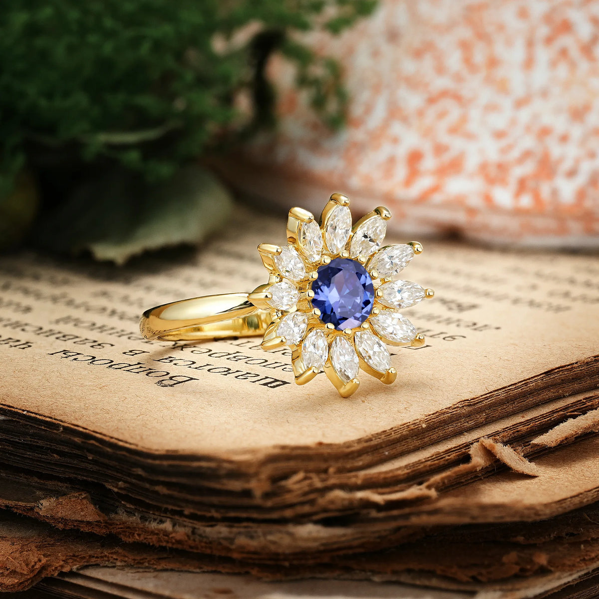 Luxurious Classic Flower-Shaped 12-Prong Round Cut Tanzanite Engagement Ring