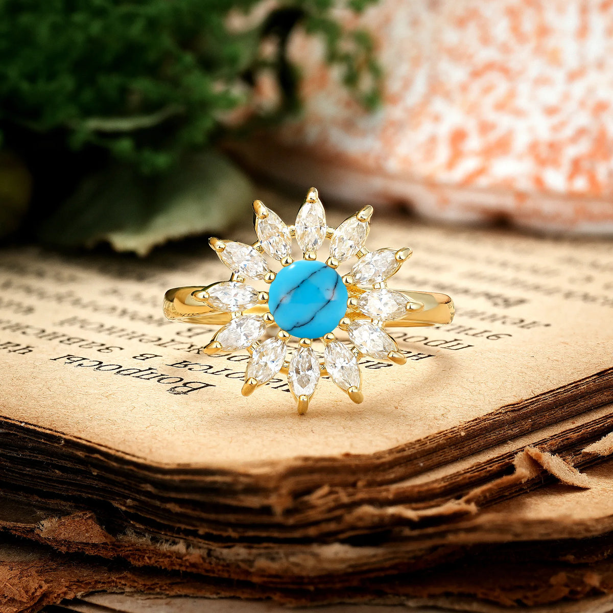 Luxurious Classic Flower-Shaped 12-Prong Round Cut Turquoise Engagement Ring