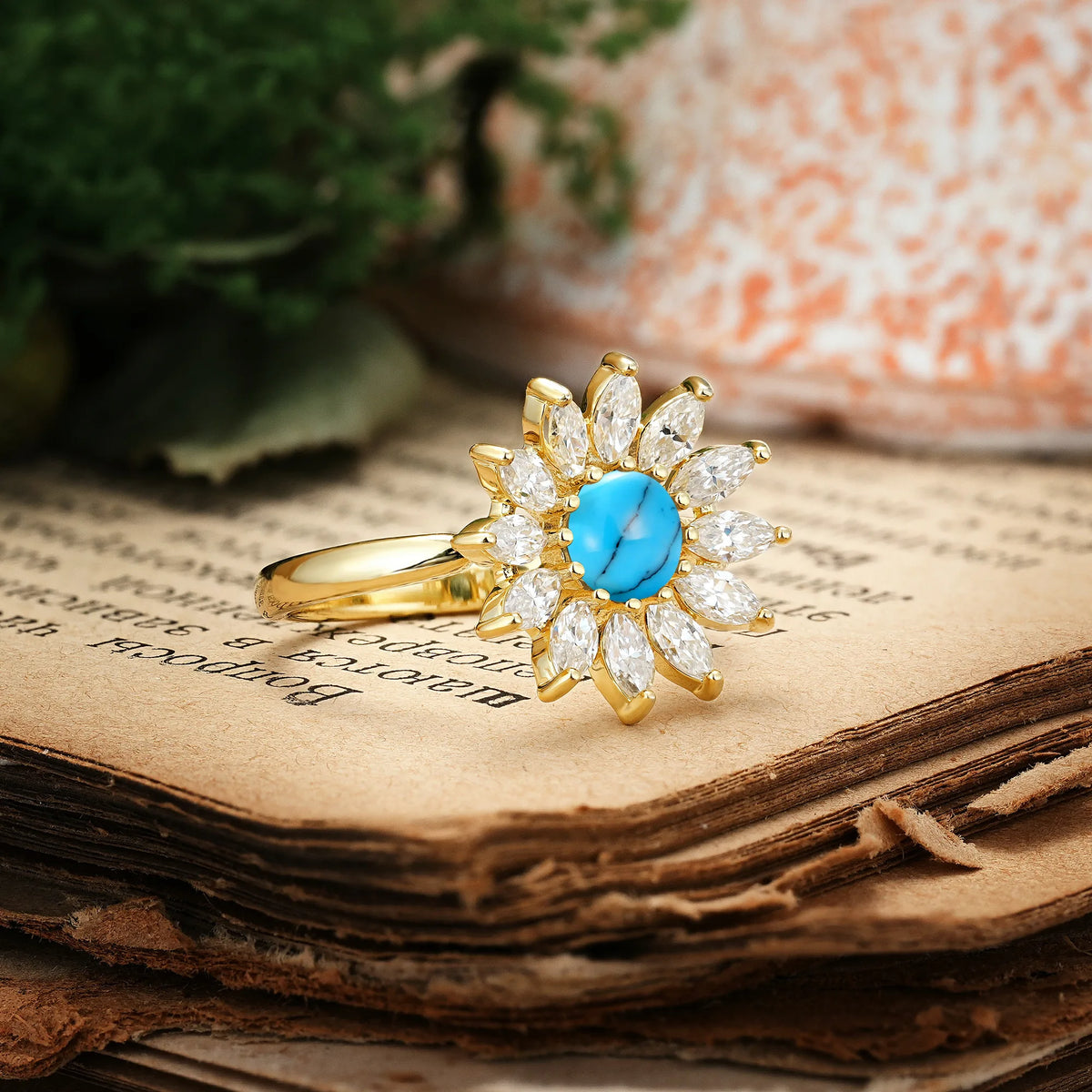 Luxurious Classic Flower-Shaped 12-Prong Round Cut Turquoise Engagement Ring