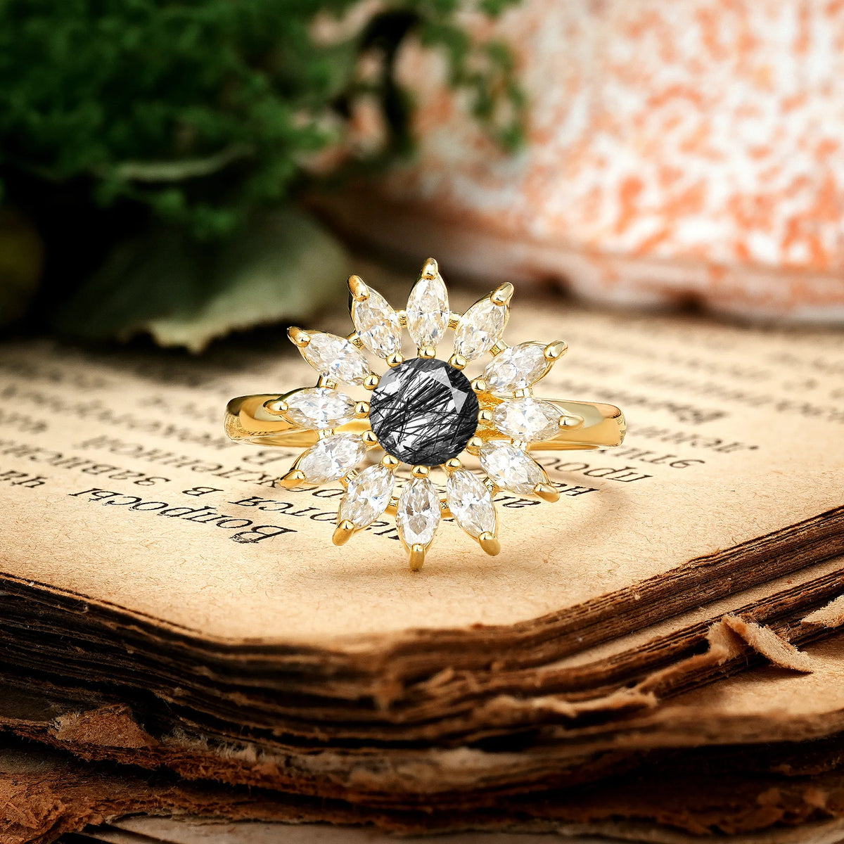 Luxurious Classic Flower-Shaped 12-Prong Round Cut Black Rutilated Quartz Engagement Ring