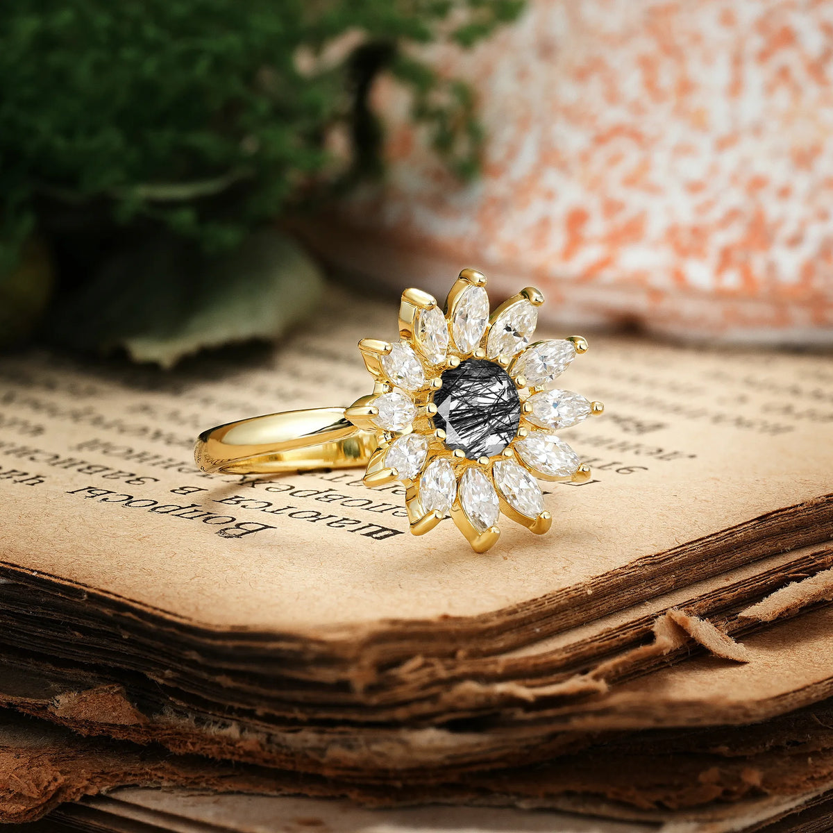 Luxurious Classic Flower-Shaped 12-Prong Round Cut Black Rutilated Quartz Engagement Ring