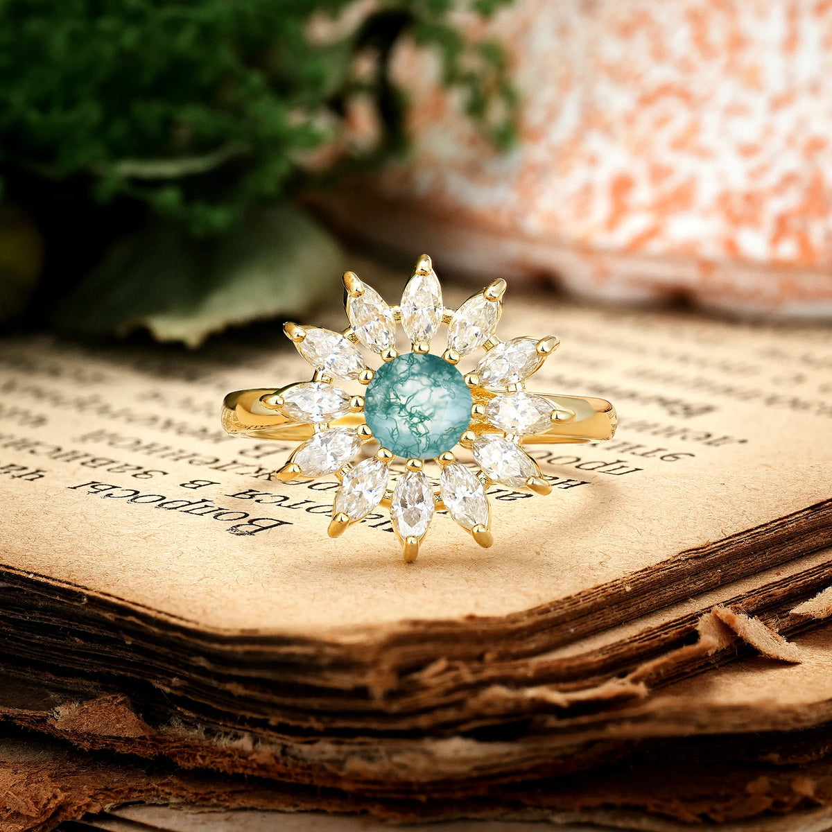 Luxurious Classic Flower-Shaped 12-Prong Round Cut Moss Agate Engagement Ring