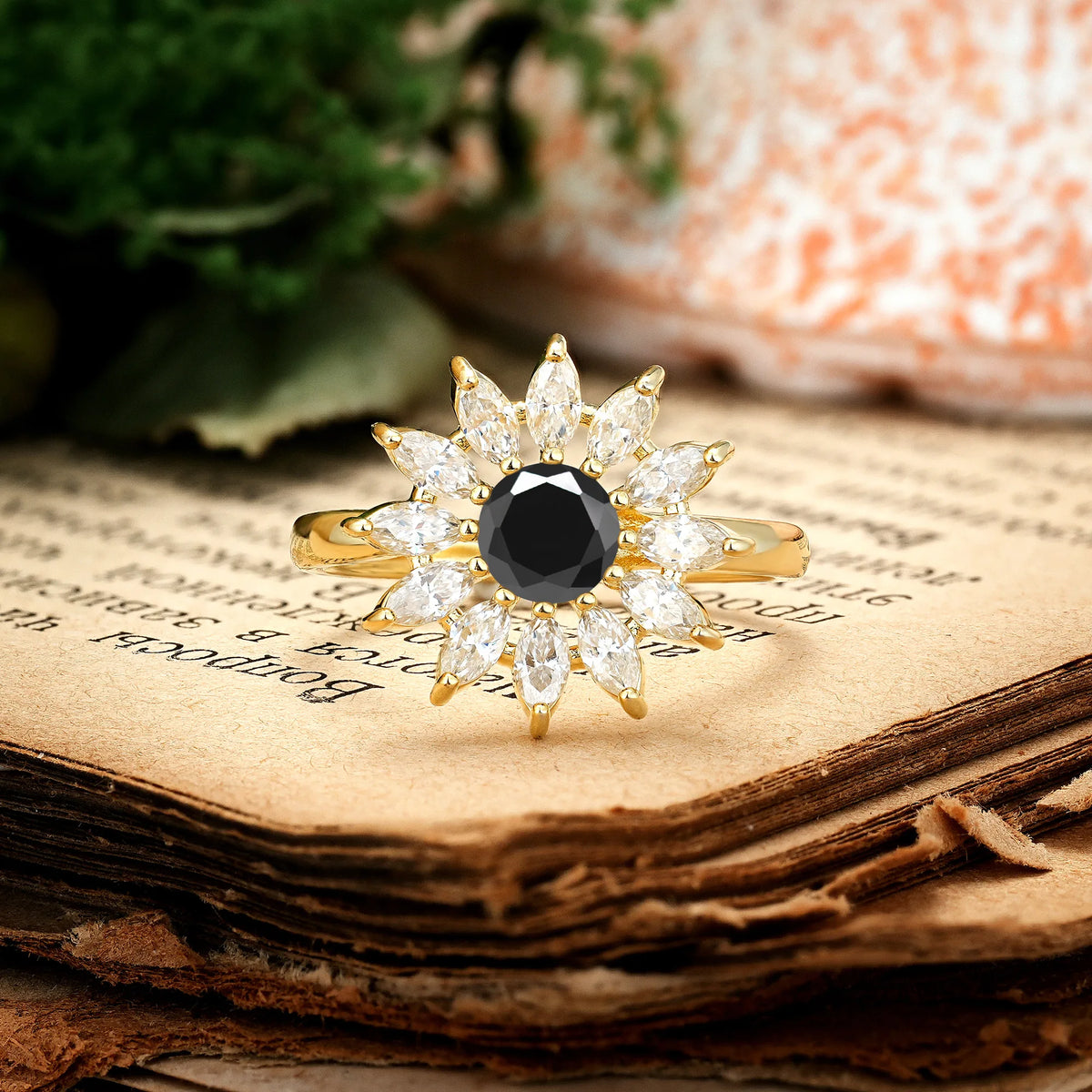 Luxurious Classic Flower-Shaped 12-Prong Round Cut Black Onyx Engagement Ring