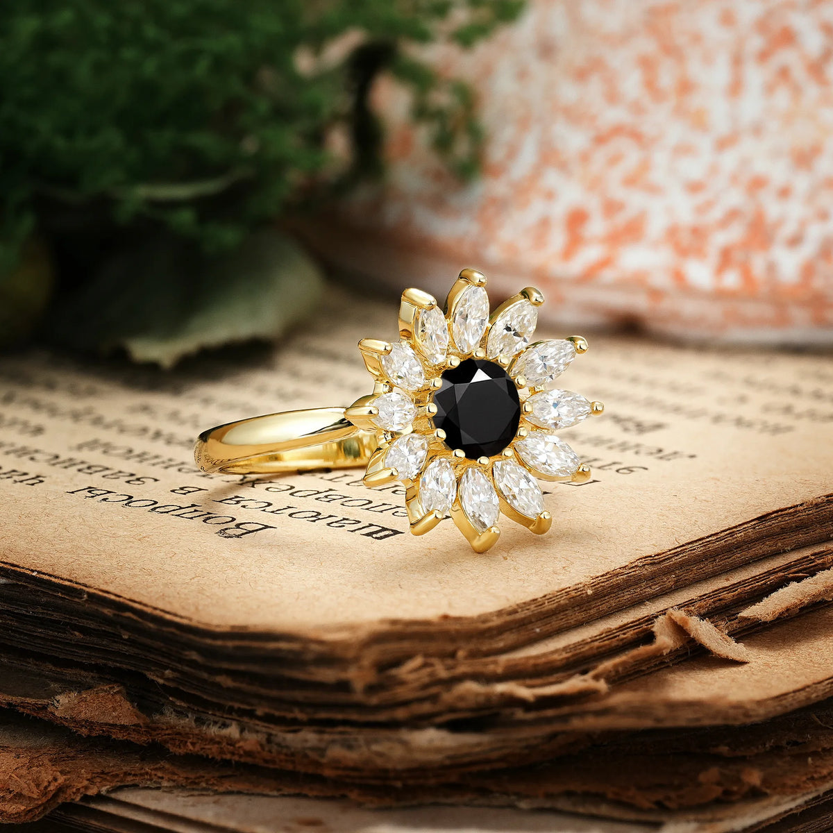 Luxurious Classic Flower-Shaped 12-Prong Round Cut Black Onyx Engagement Ring