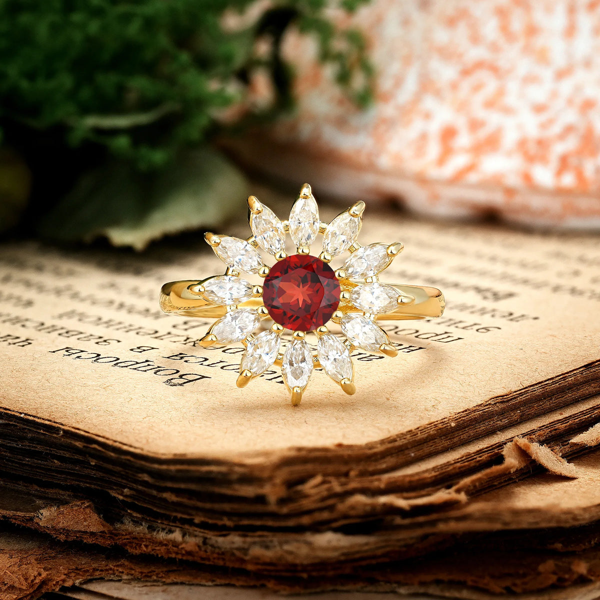Luxurious Classic Flower-Shaped 12-Prong Round Cut Garnet Engagement Ring