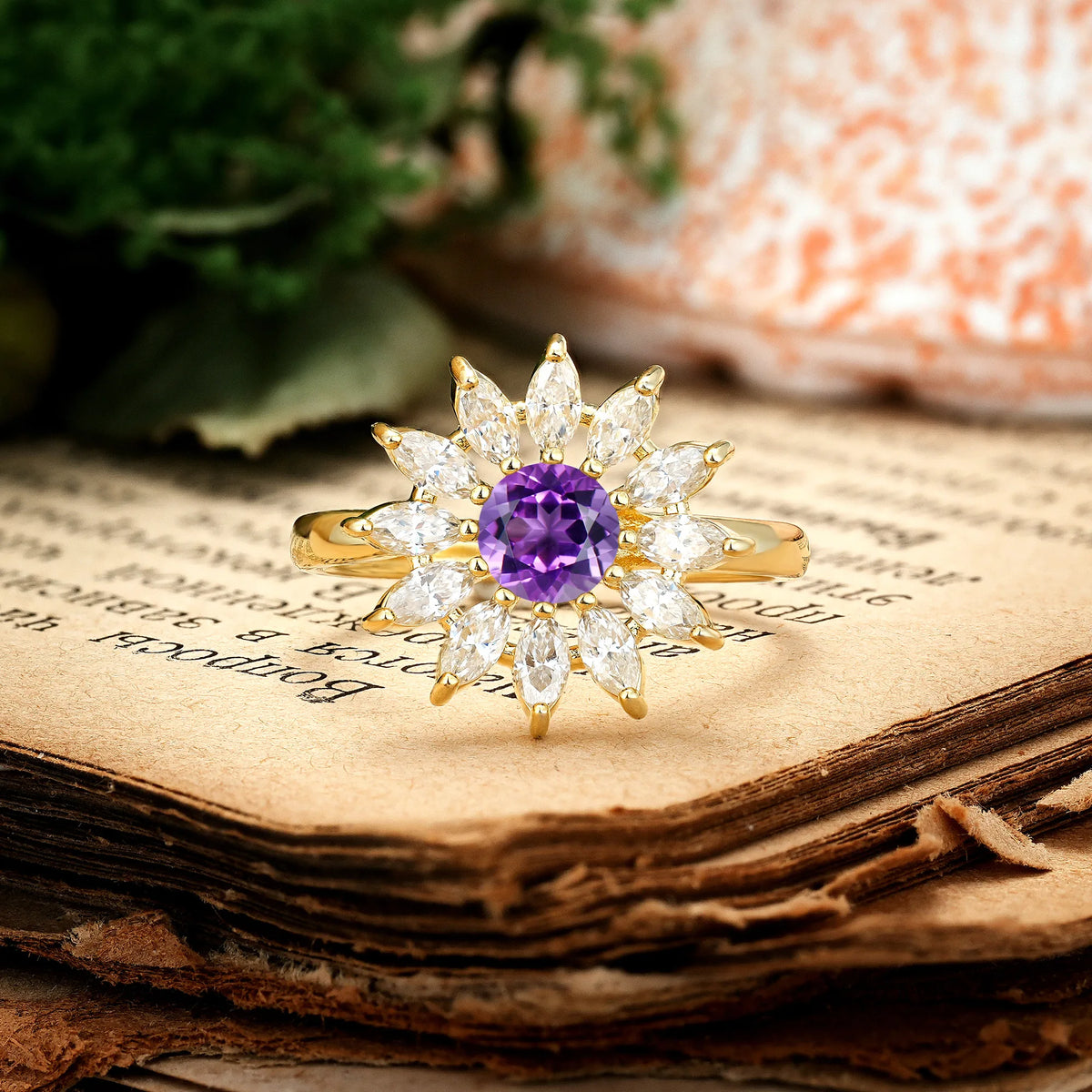 Luxurious Classic Flower-Shaped 12-Prong Round Cut Amethyst Engagement Ring