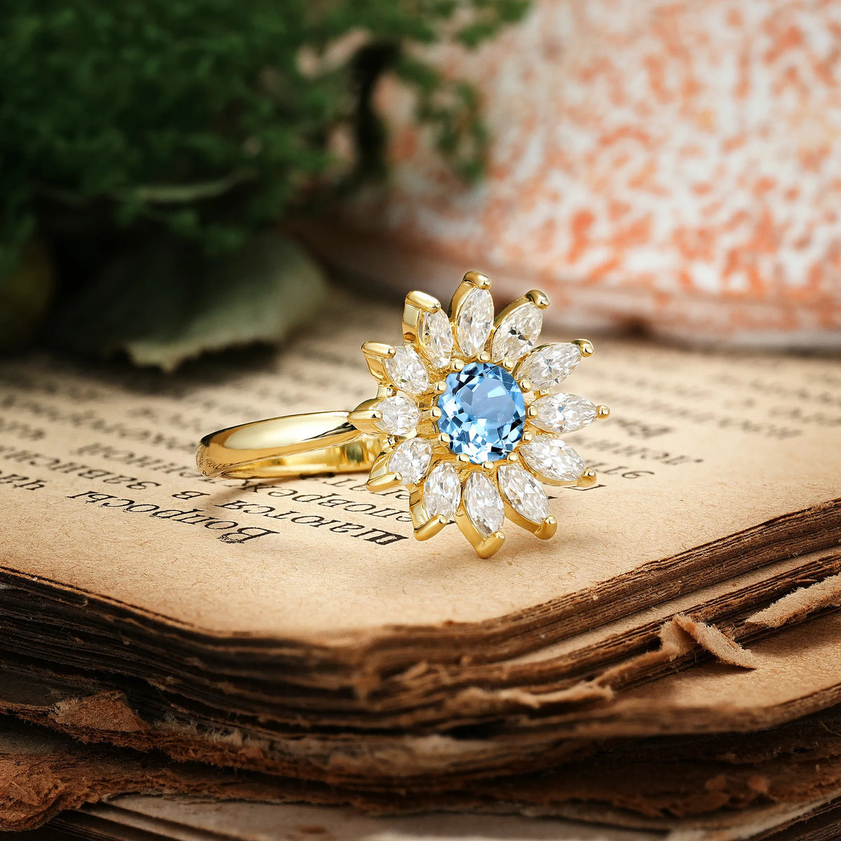 Luxurious Classic Flower-Shaped 12-Prong Round Cut Aquamarine Engagement Ring