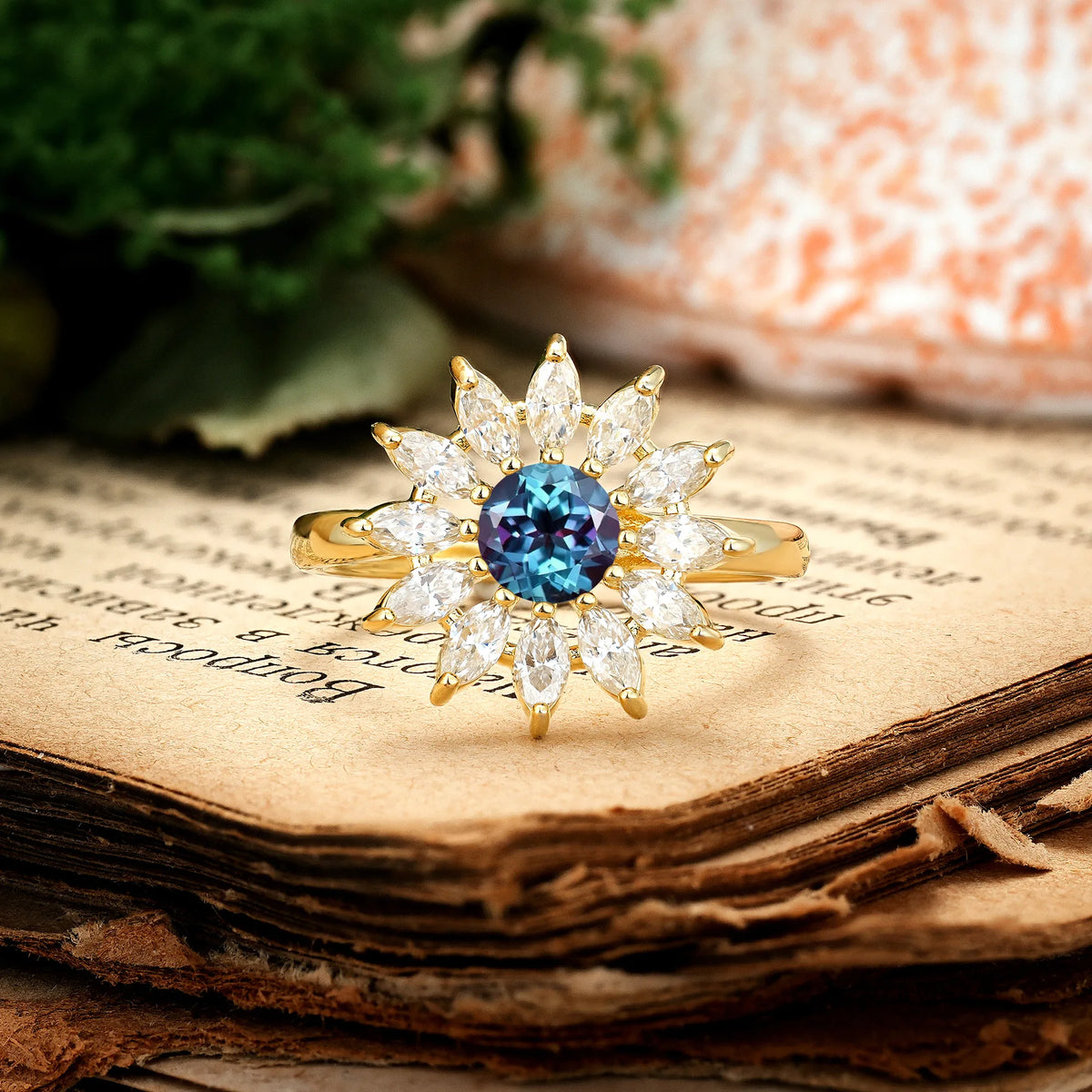 Luxurious Classic Flower-Shaped 12-Prong Round Cut Alexandrite Engagement Ring
