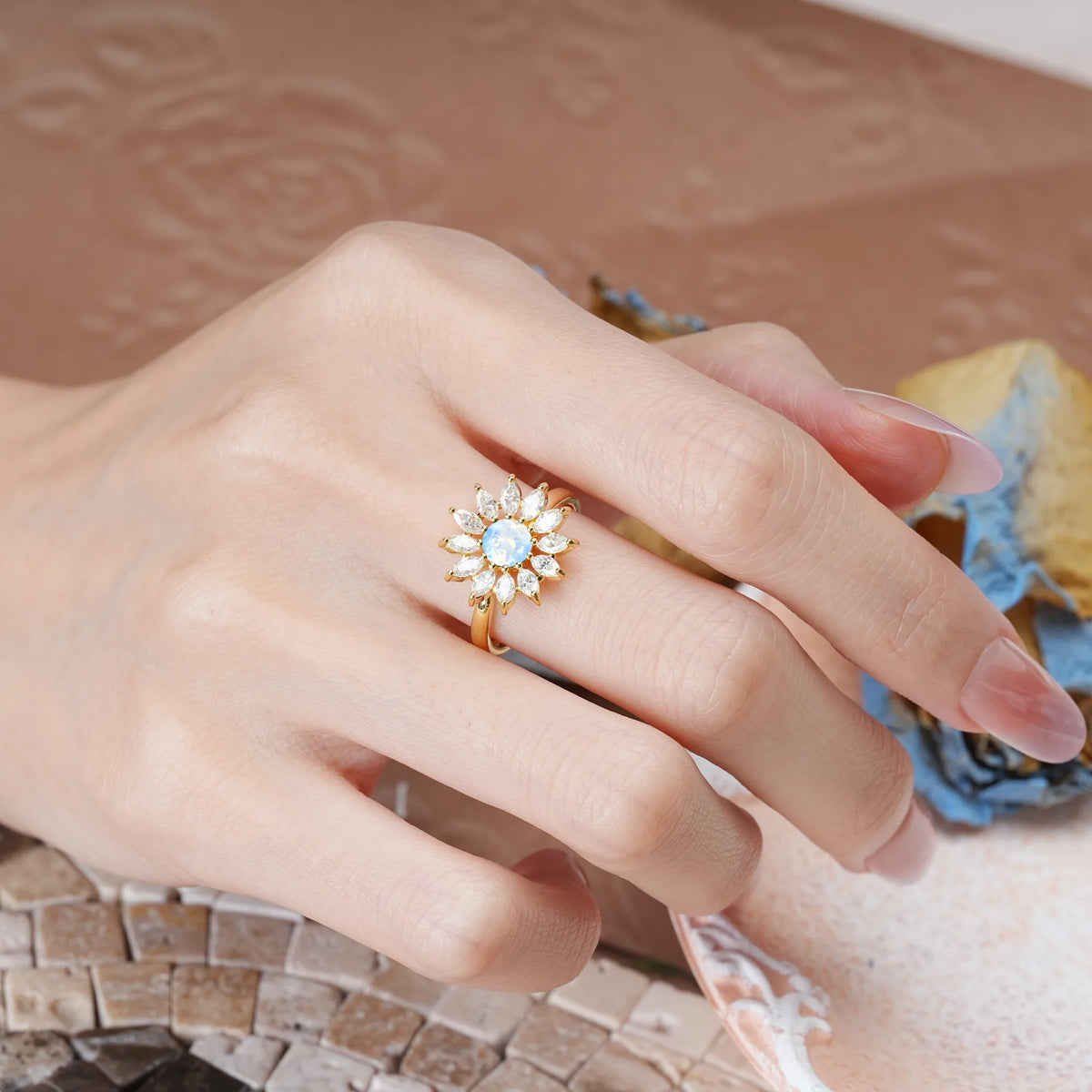 Round Cut Moonstone Luxurious Classic Flower-Shaped 12-Prong Engagement Ring