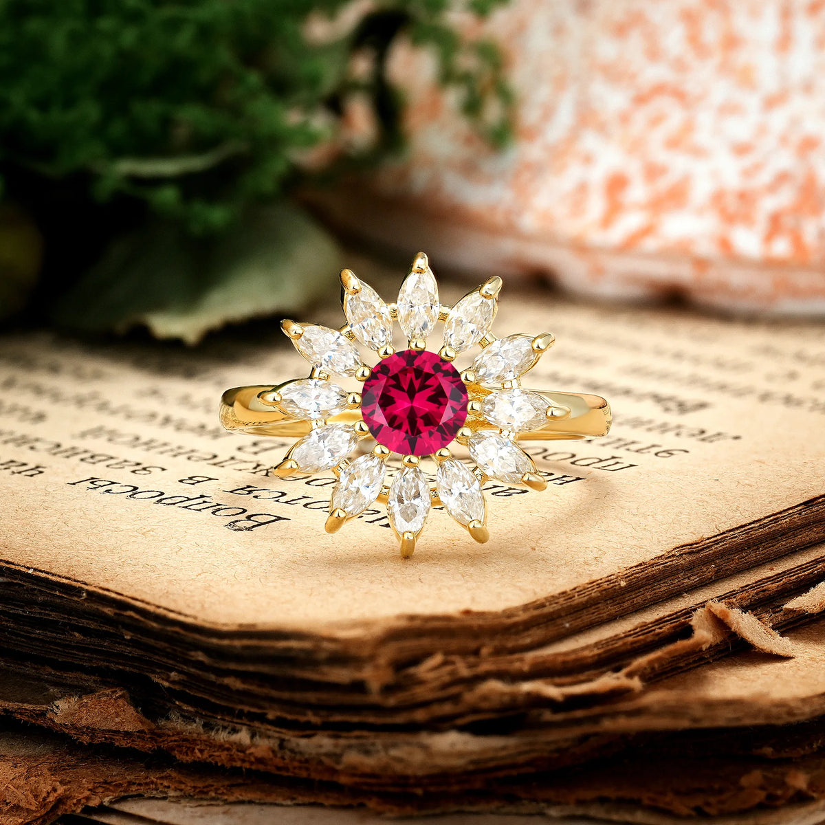 Luxurious Classic Flower-Shaped 12-Prong Round Cut Ruby Engagement Ring