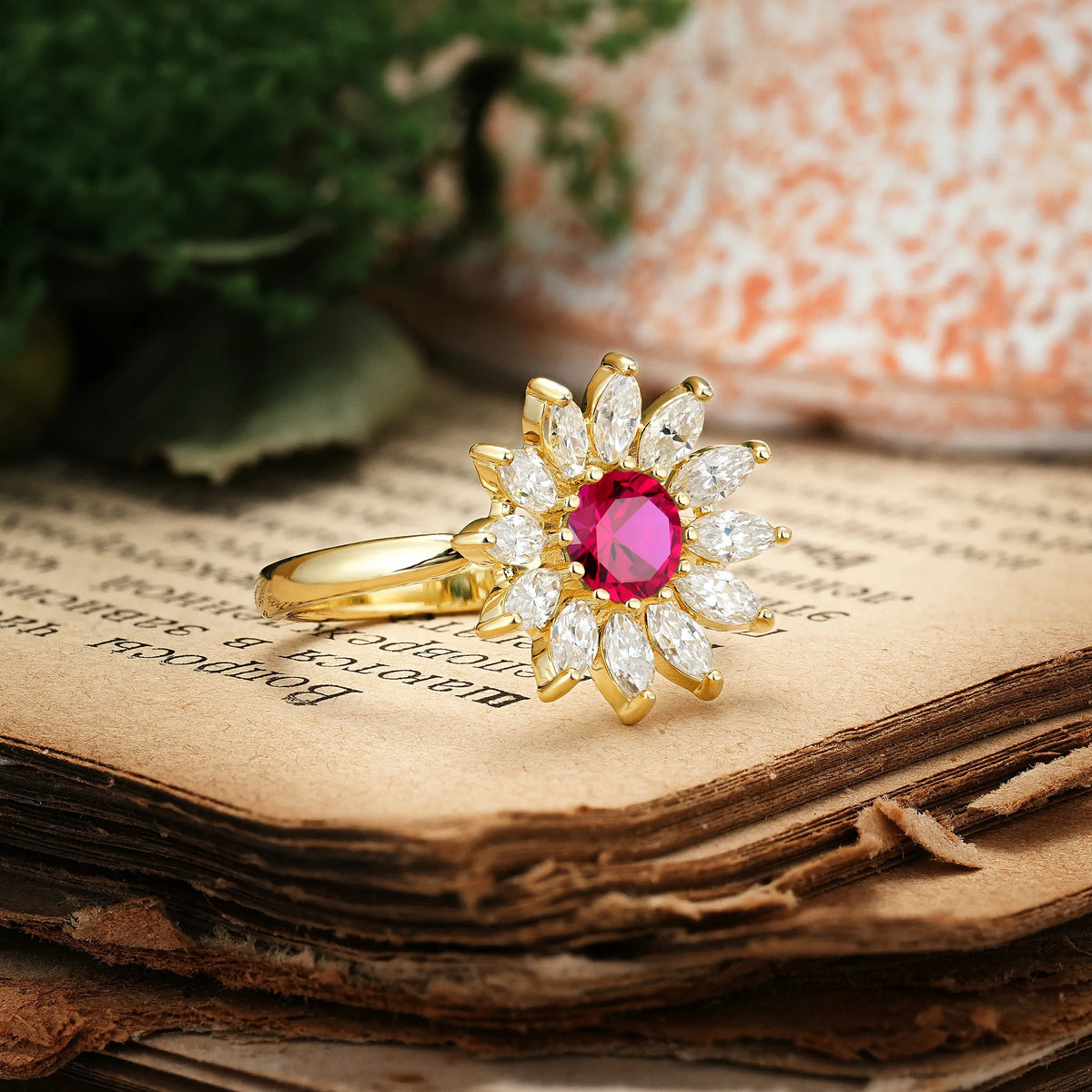 Luxurious Classic Flower-Shaped 12-Prong Round Cut Ruby Engagement Ring