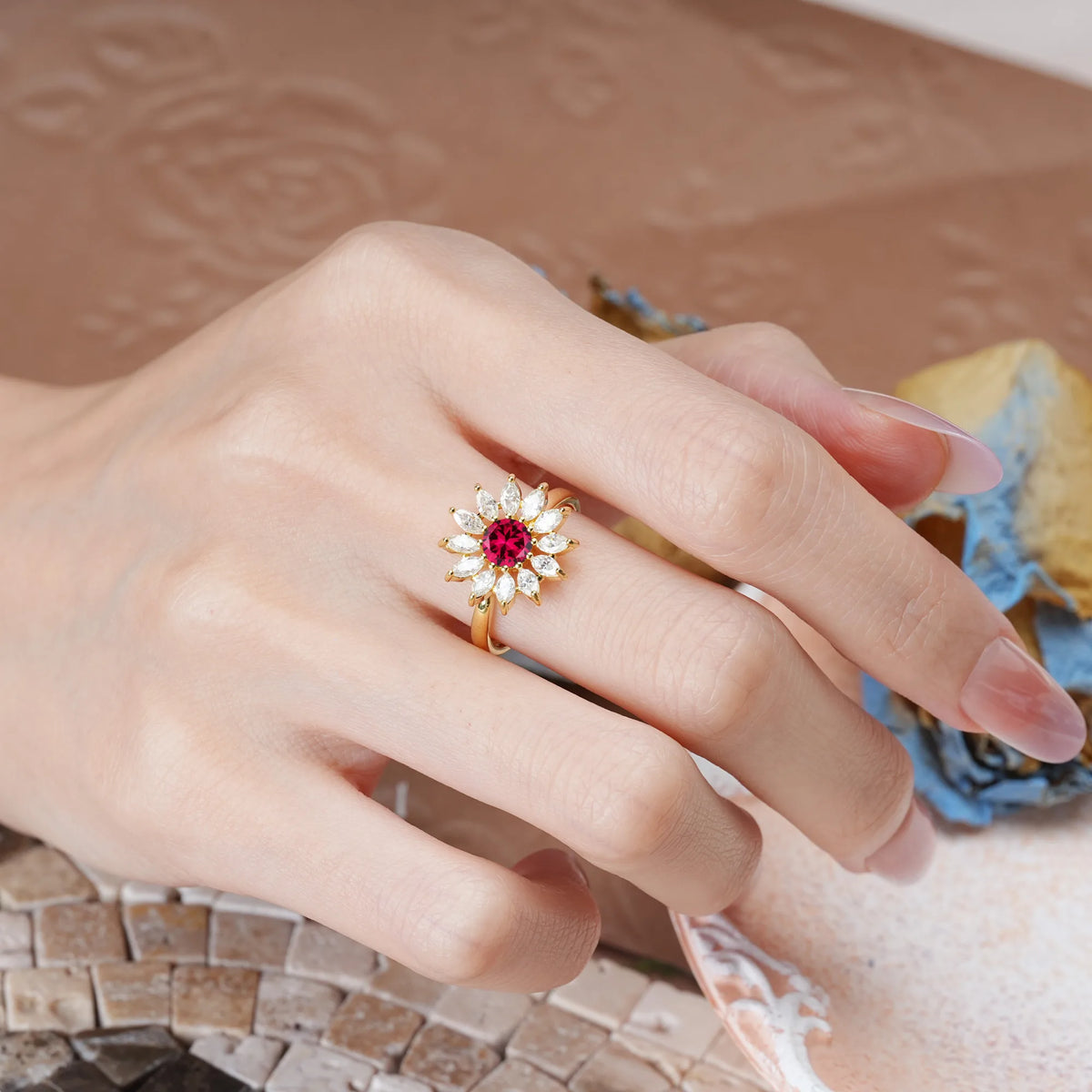 Round Cut Ruby Luxurious Classic Flower-Shaped 12-Prong Engagement Ring