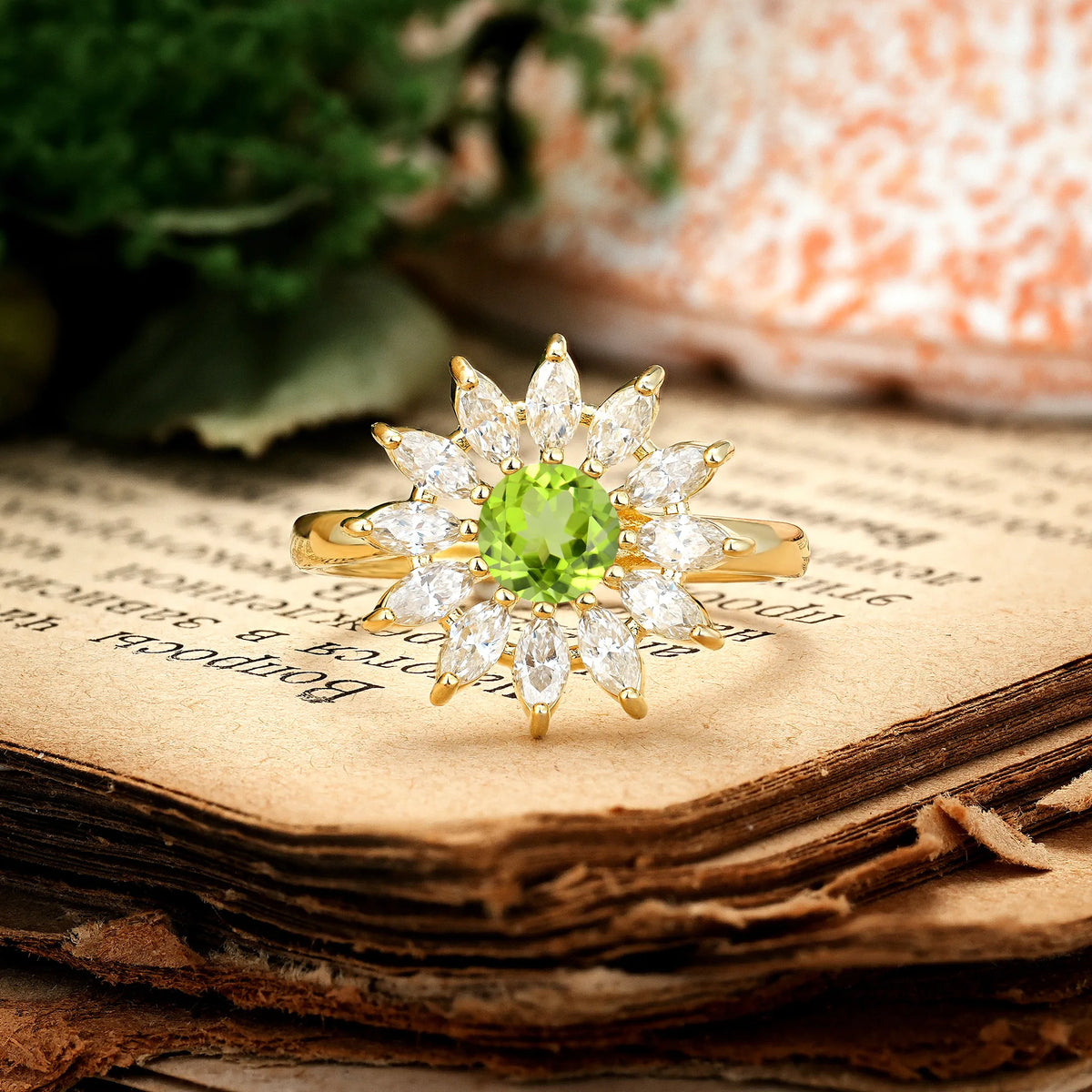Luxurious Classic Flower-Shaped 12-Prong Round Cut Peridot Engagement Ring