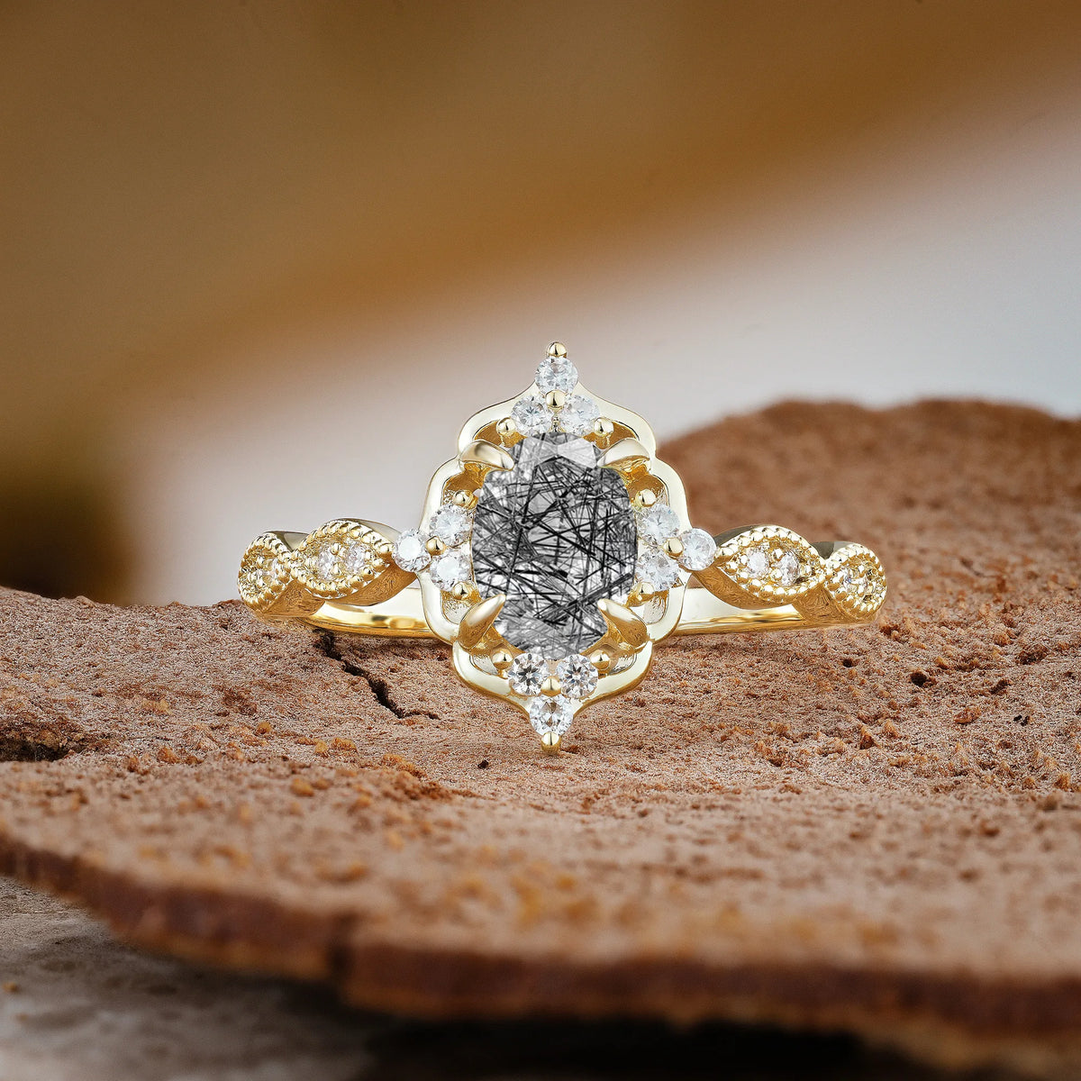 Luxurious Vintage 4-Prong Oval Cut Black Rutilated Quartz Engagement Ring