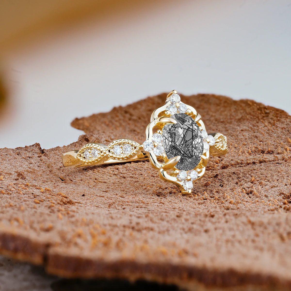 Luxurious Vintage 4-Prong Oval Cut Black Rutilated Quartz Engagement Ring