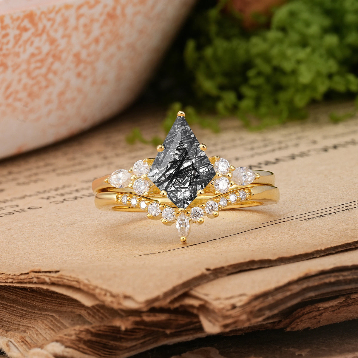 Kite Cut Black Rutilated Quartz Classic, Luxurious 5-Prong Bridal Ring Set