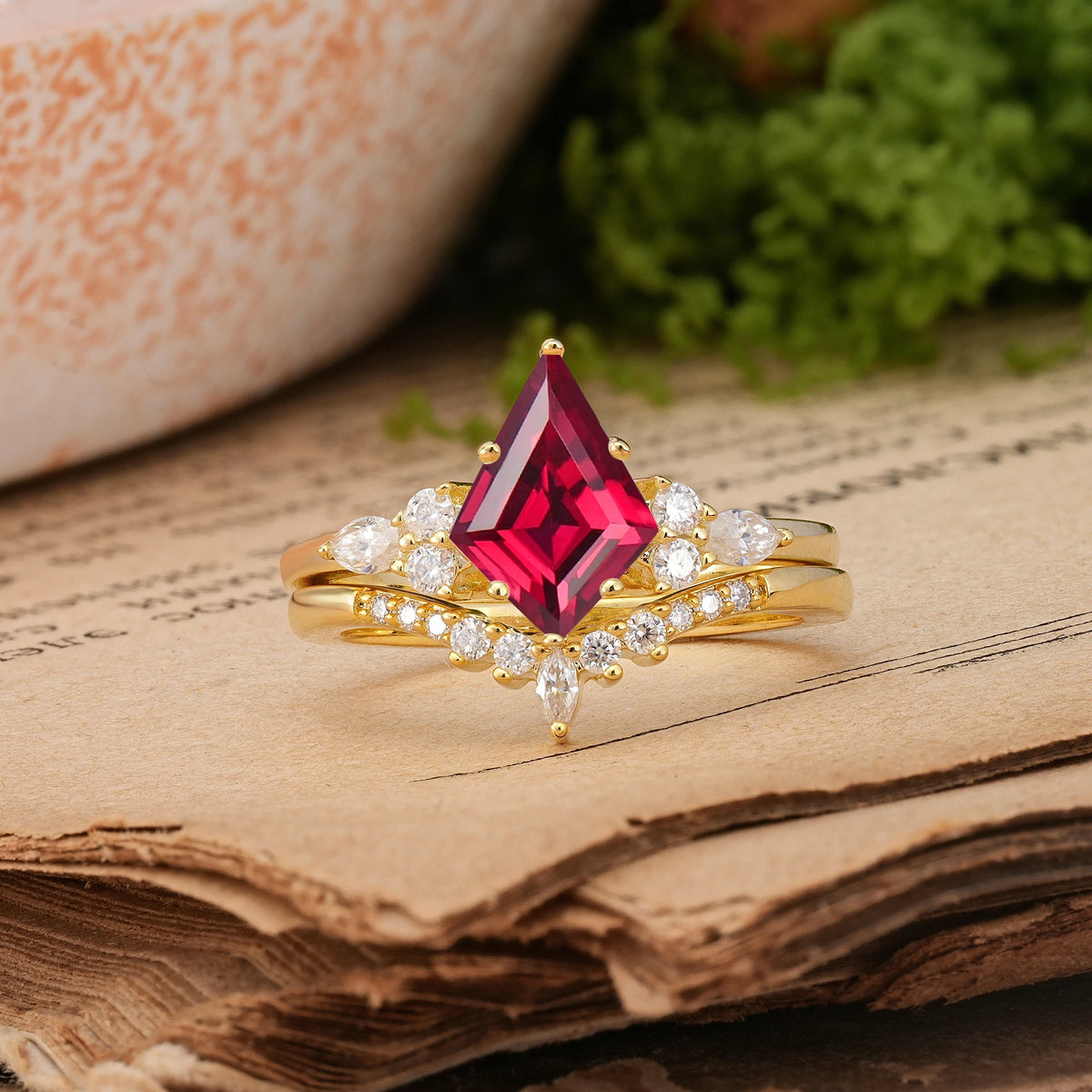 Kite Cut Ruby Classic, Luxurious 5-Prong Bridal Ring Set