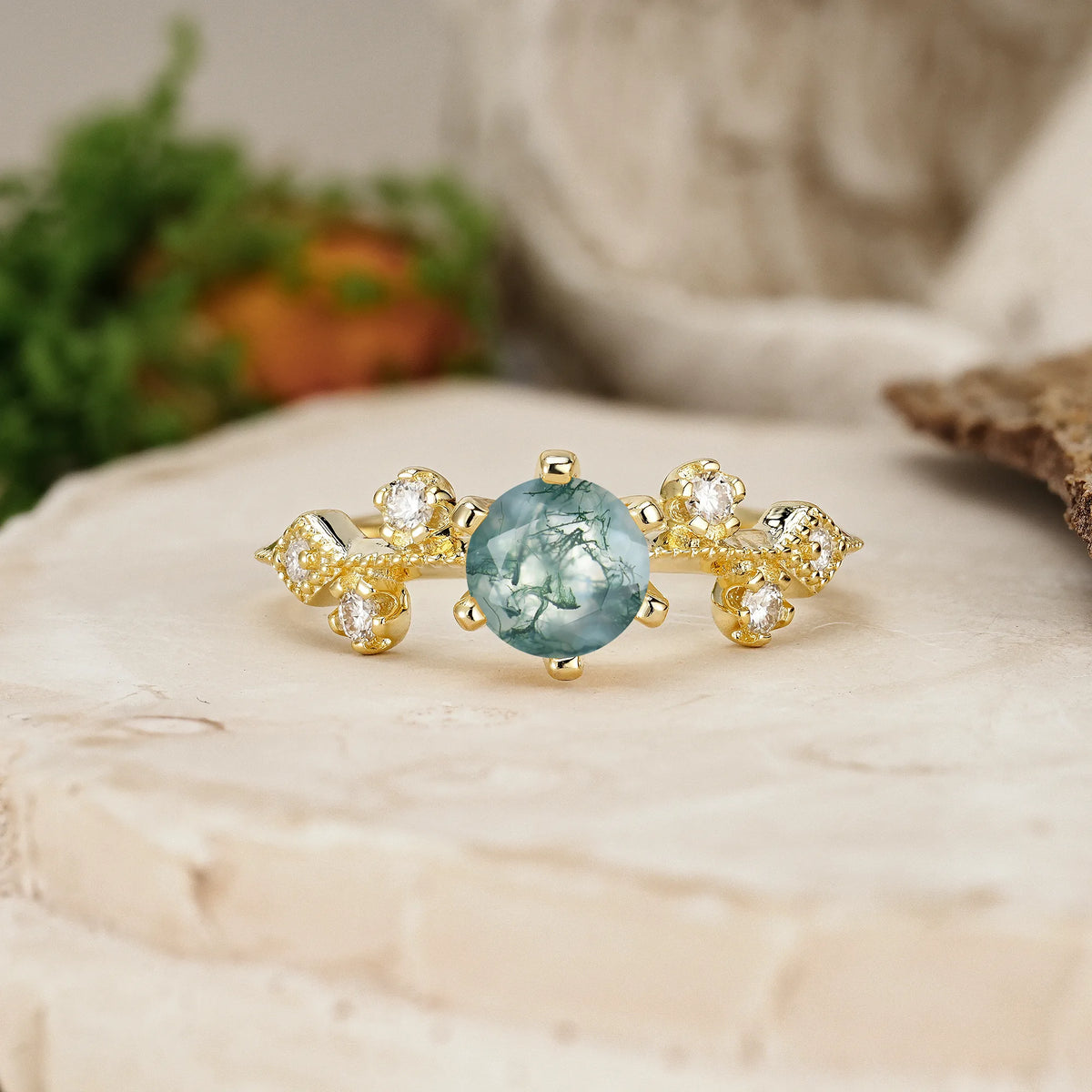 Round Cut Moss Agate Classic, Minimalist 6-Prong Engagement Ring
