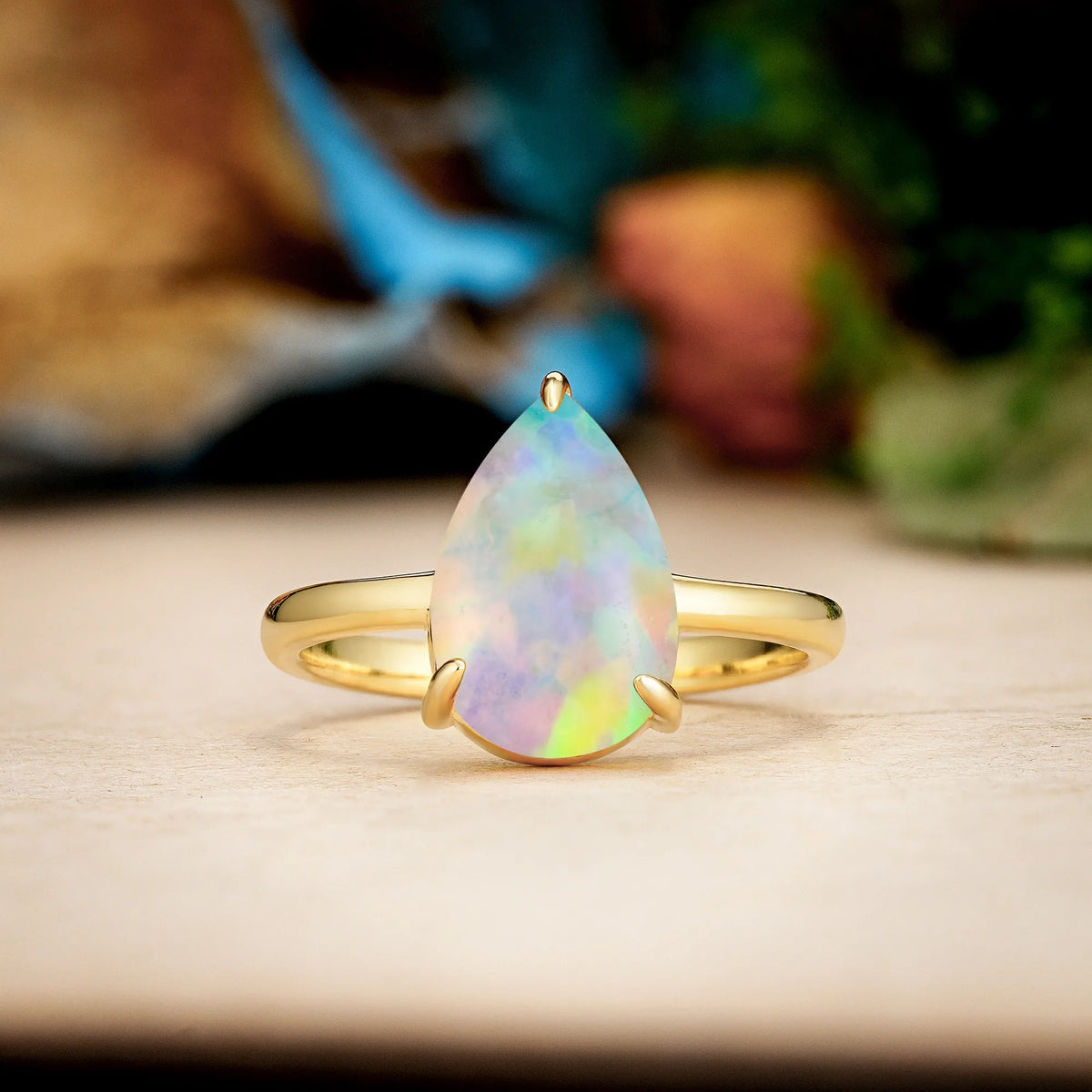 Pear Cut Fire Opal Classic Minimalist 3 Prong Engagement Ring