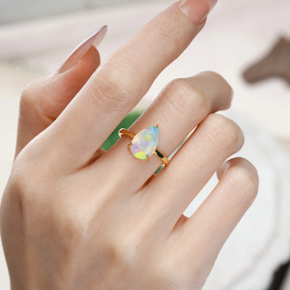 Pear Cut Fire Opal Classic Minimalist 3 Prong Engagement Ring